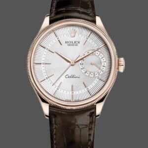 Rolex Cellini Date Rose Gold Silver Crocodile Leather Strap 50515 39mm Mens Replica Watch